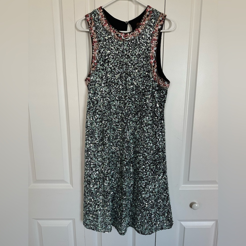 Anthropologie Varun Bahl Robin's Egg Blue Sequin Embroidered Dress